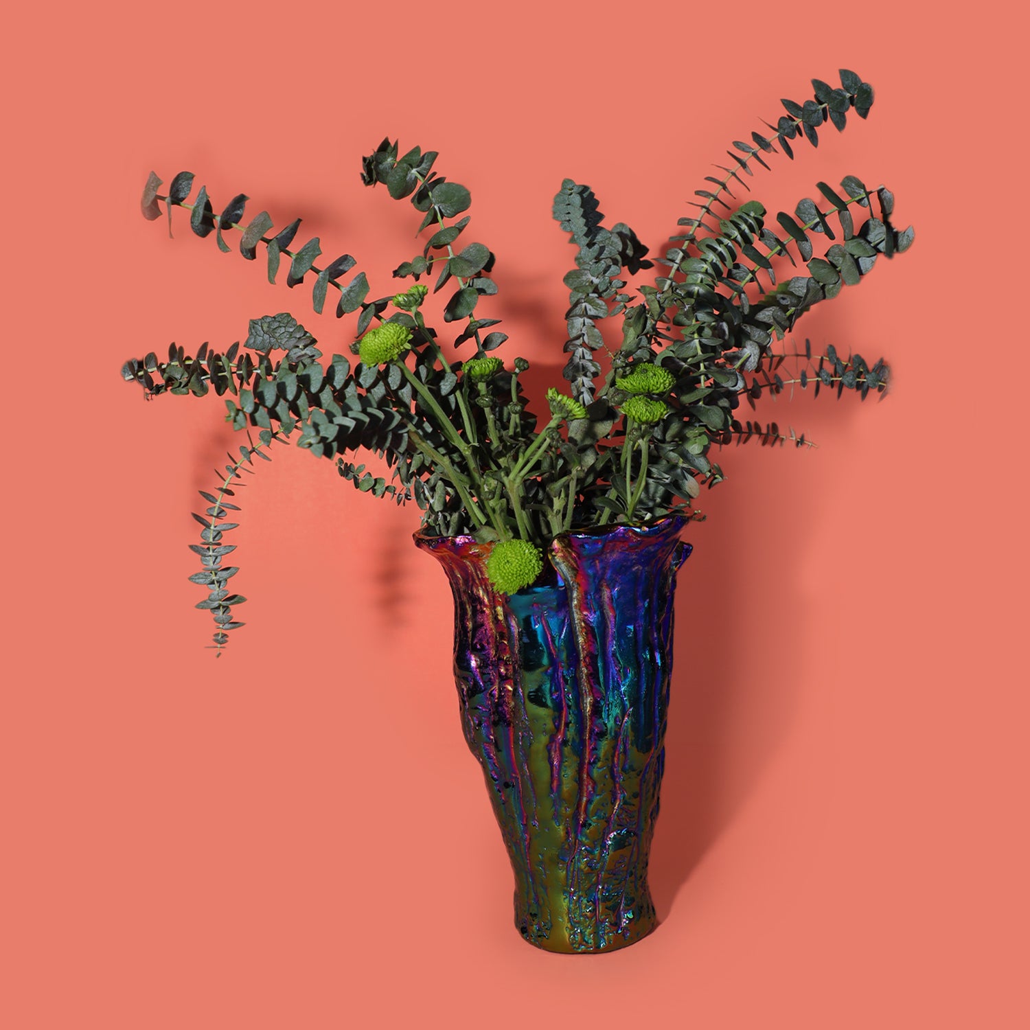 Mexican Iridescent Metal Chrome Finish Tall Vase