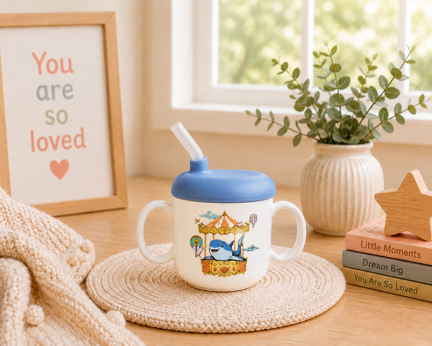 Children's Sippy cup- Baby Shark with blue lid