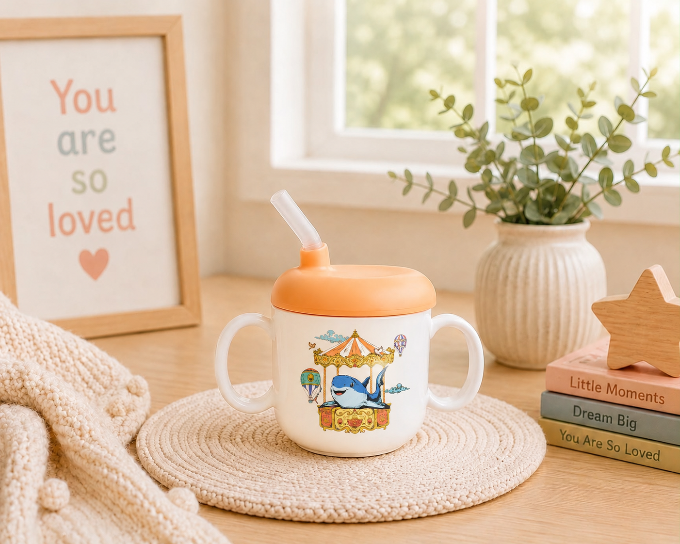 Children's Sippy cup- Baby Shark with peach lid