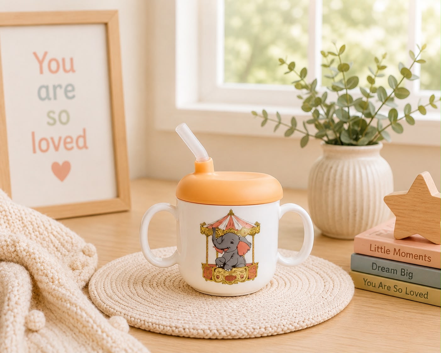 Children's Sippy cup- Elephant with peach lid