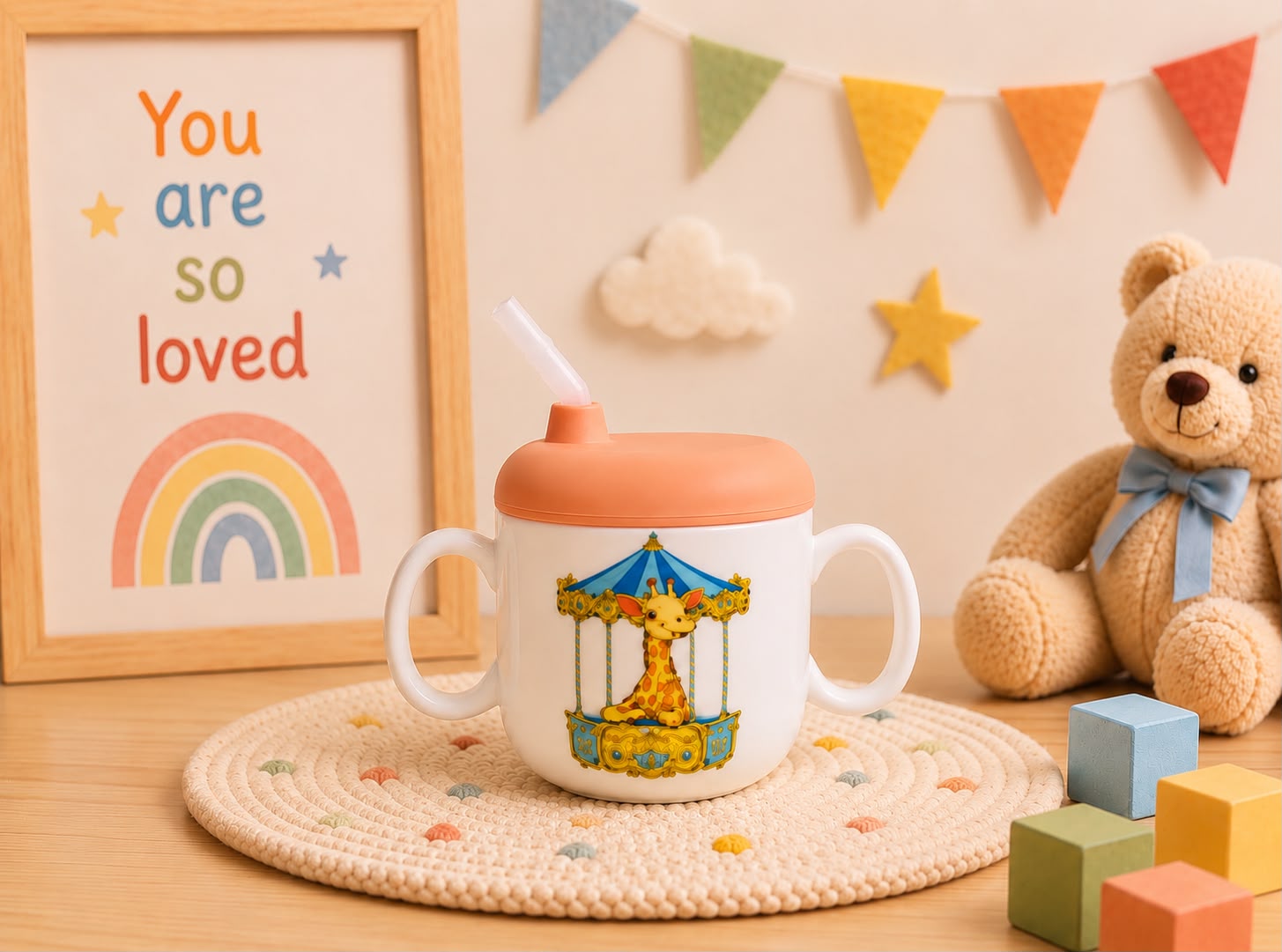 Children's Sippy cup- Giraffe with peach lid