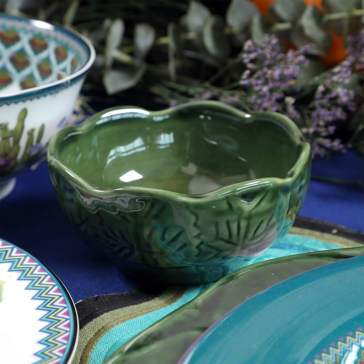 Mexican clay green side katori 4"