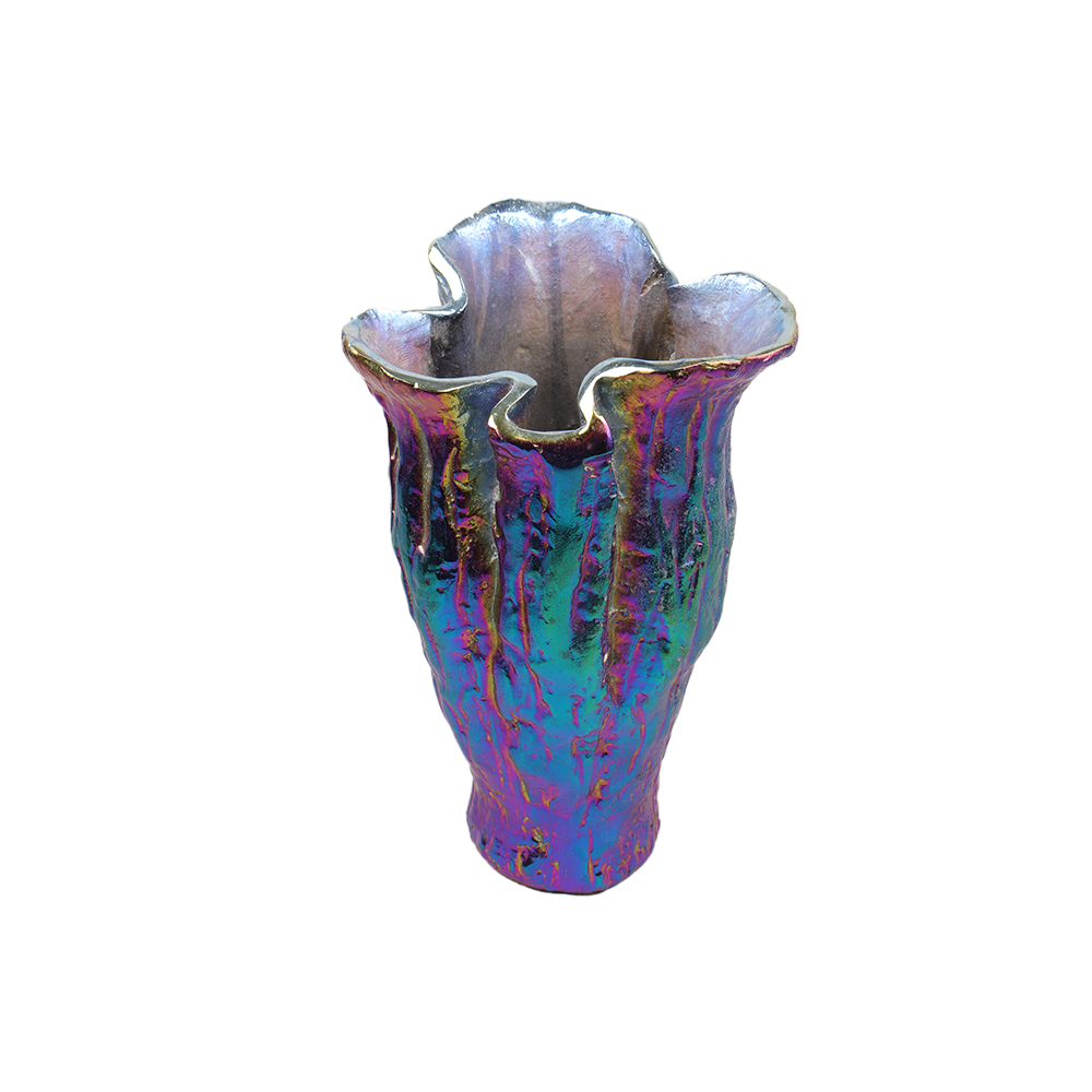 Mexican Iridescent Metal Chrome Finish Tall Vase