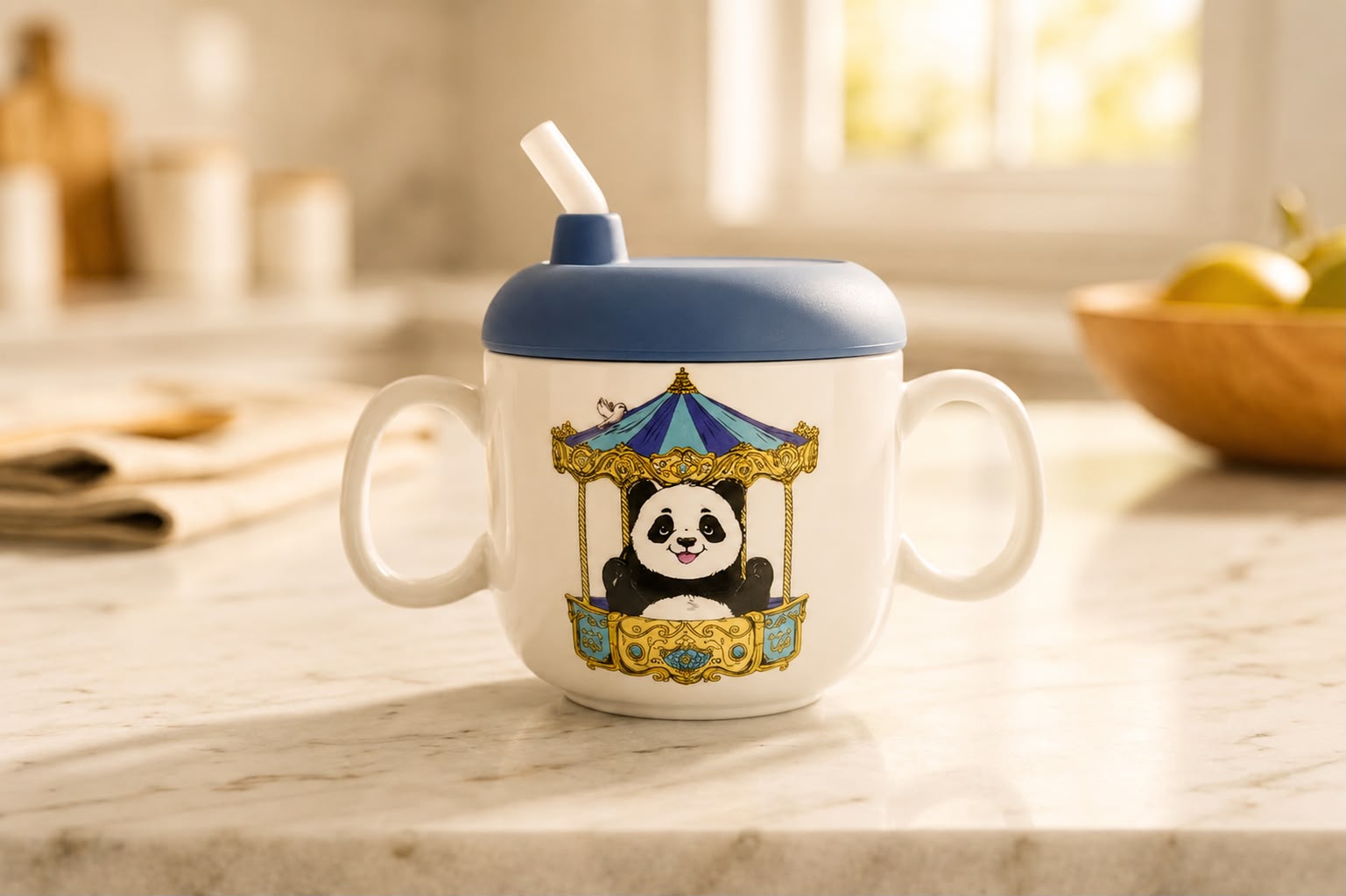 Children's Sippy cup- Panda with blue lid