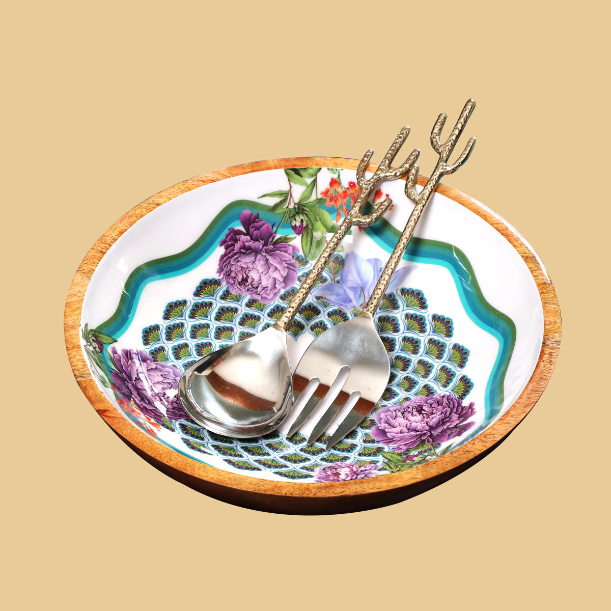 Mexican Wooden Salad Bowl with spoon & fork