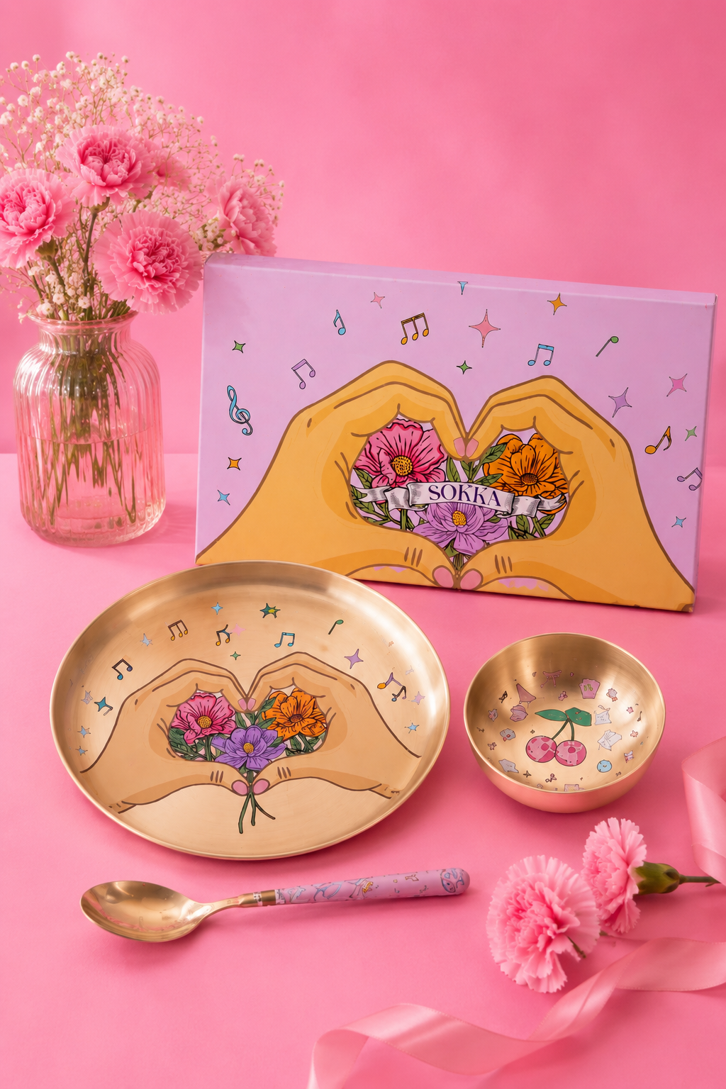Kansa Era gold-toned set of 3 with heart and floral motif - plate, bowl and spoon - Sokka Tableware