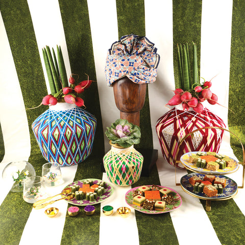Gift Set of Jardin Side Plates, Glass Tumblers, Kumkum Dibbis and Diyas
