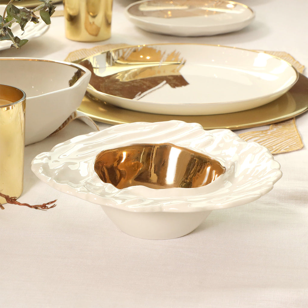 The Identity Porcelain Embossed Molten Inner Deep Nut Bowl with 24K Gold (Dia 8.5")