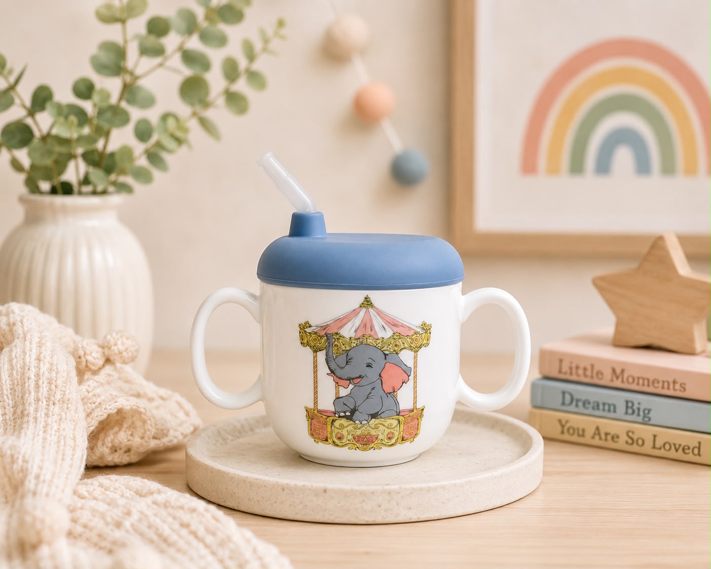 Children's Sippy cup- Elephant with Blue lid