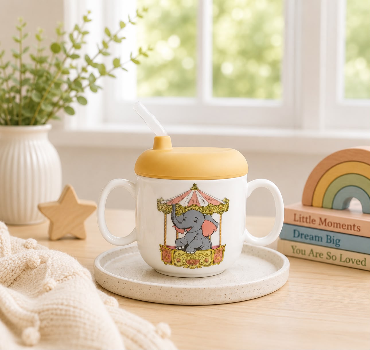 Children's Sippy cup- Elephant with yellow lid