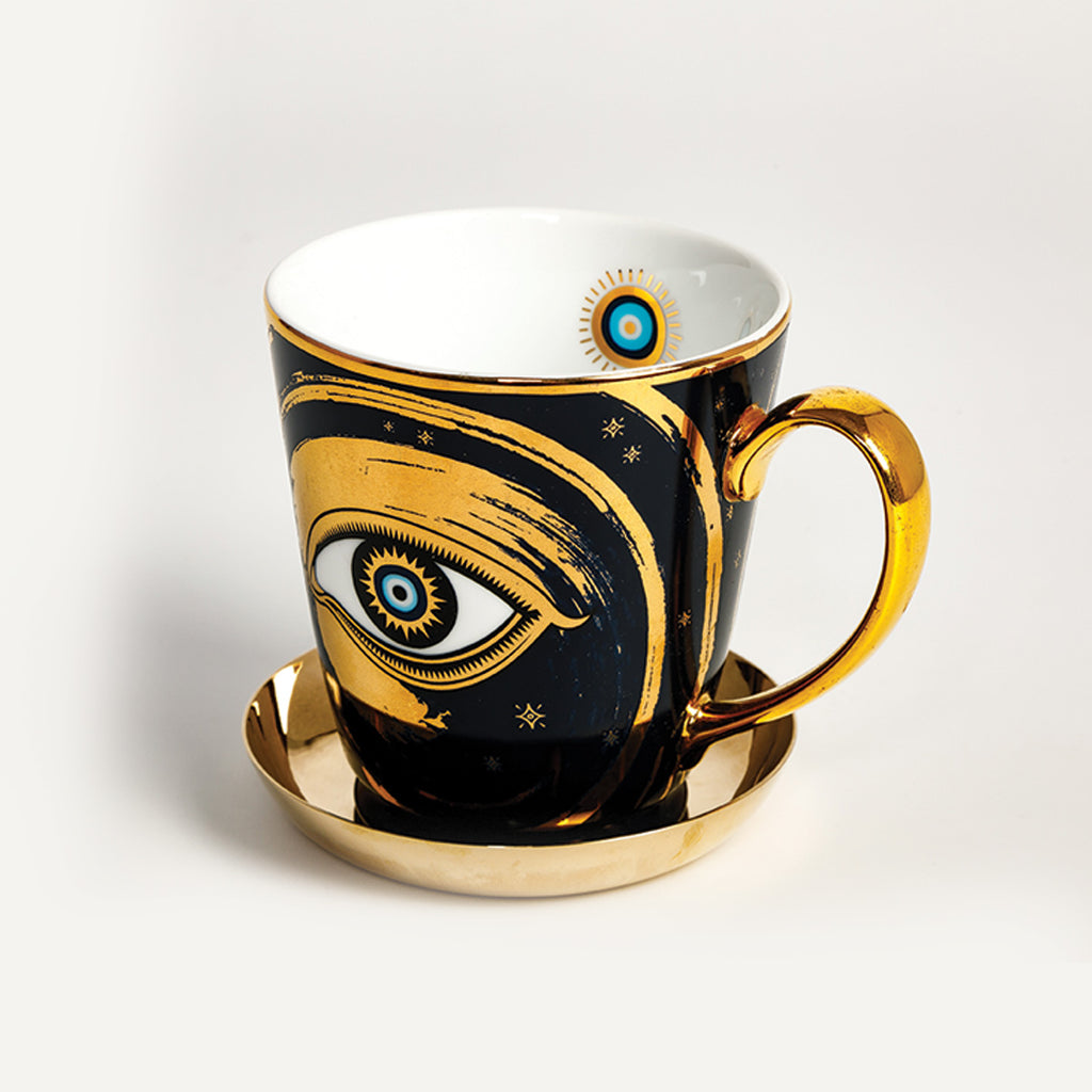 Evil Eye Coffee Mug with Kansa Snack Metal Dish (350 ml - Set of 4)