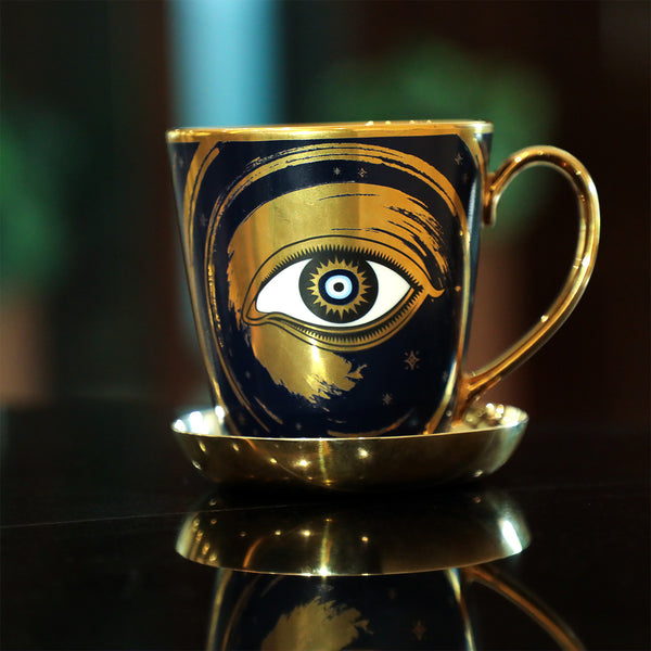 Evil Eye Coffee Mug with Kansa Snack Metal Dish (350 ml - Set of 4)