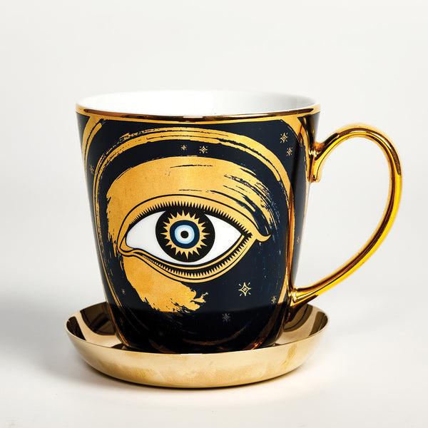 Coffee Mug with 24K Gold Print &  Kansa Snack Dish Set (350 ML)