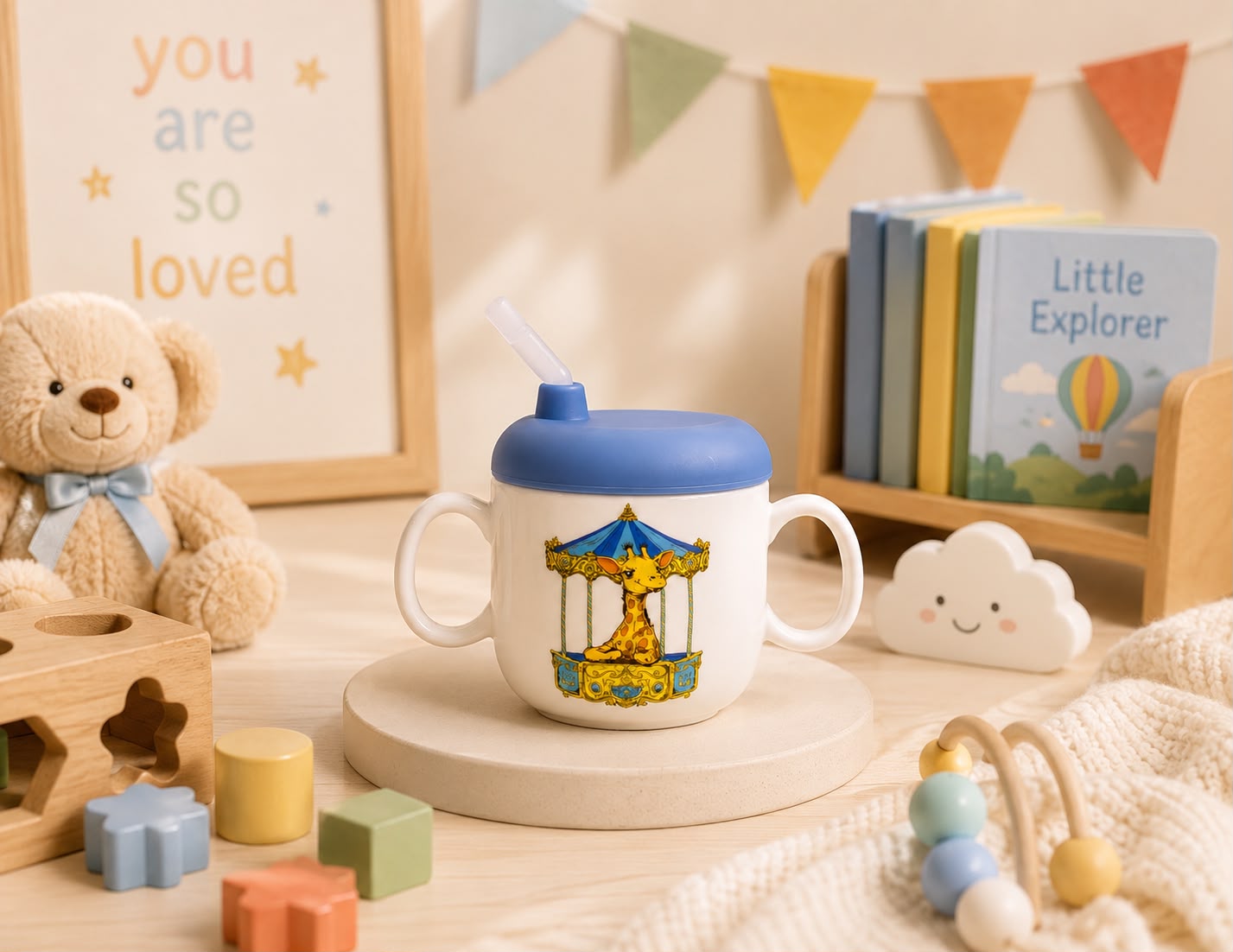Children's Sippy cup- Giraffe with blue lid