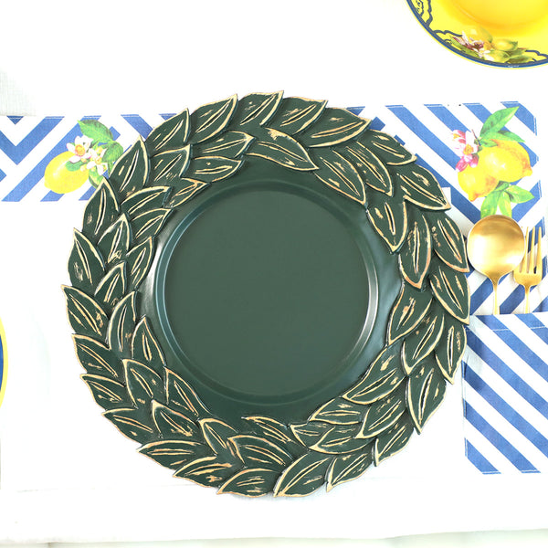 Bella Wooden Engraved Green Leaf Charger Plate (Dia 13 - Set of 4)