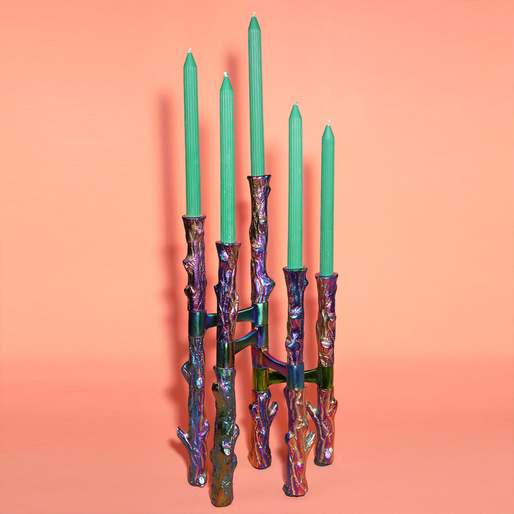 Mexican Iridescent Metal 5 Candle Stand