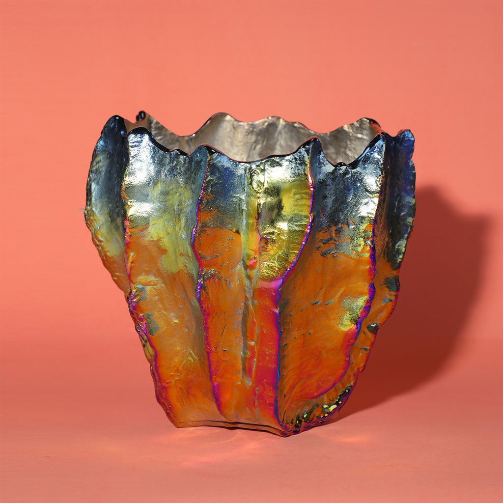 Mexican Iridescent Metal Chrome Finish Big Vase (Dia 10" X 10")