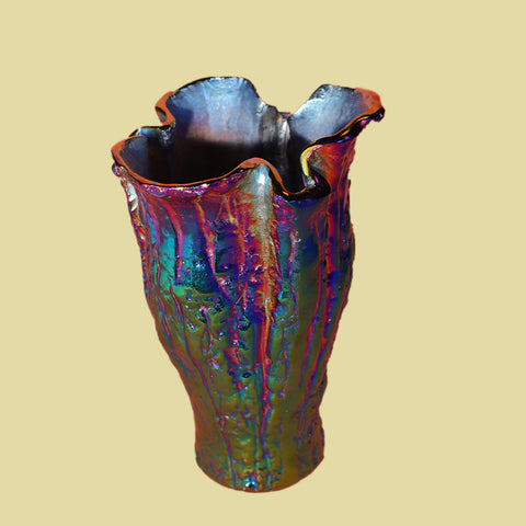 Mexican Iridescent Metal Chrome Finish Tall Vase (Dia 7" X 10")
