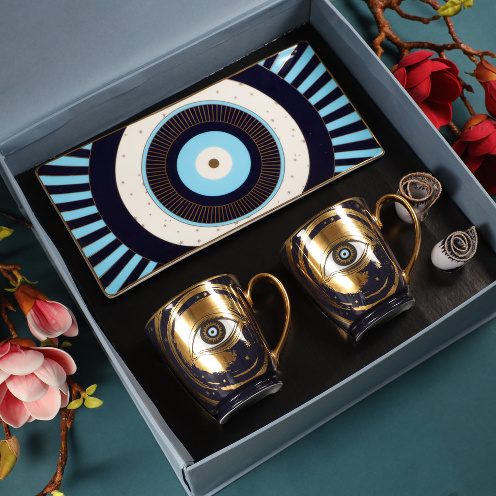 Premium Evil Eye Gift Set of Evil Eye Coffee Mug  Rectangular Platter & Cocktail Napkin