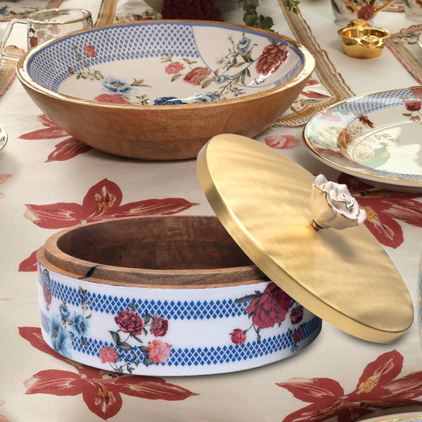 Victorian Romance Solid Wooden Roti Box With Brass Floral Metal Lid ( 9.5 X 3.25)