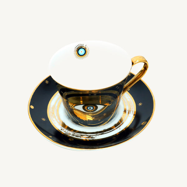 Evil Eye 24K Gold Printed Design Tea Cup Saucer Set, Blue (220 ML)