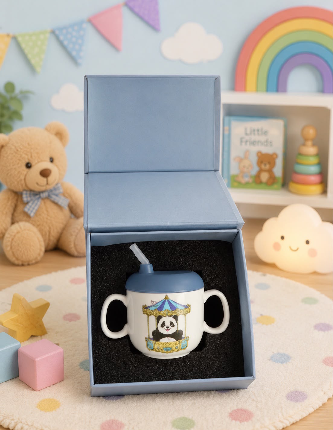 Children's Sippy cup- Panda with blue lid