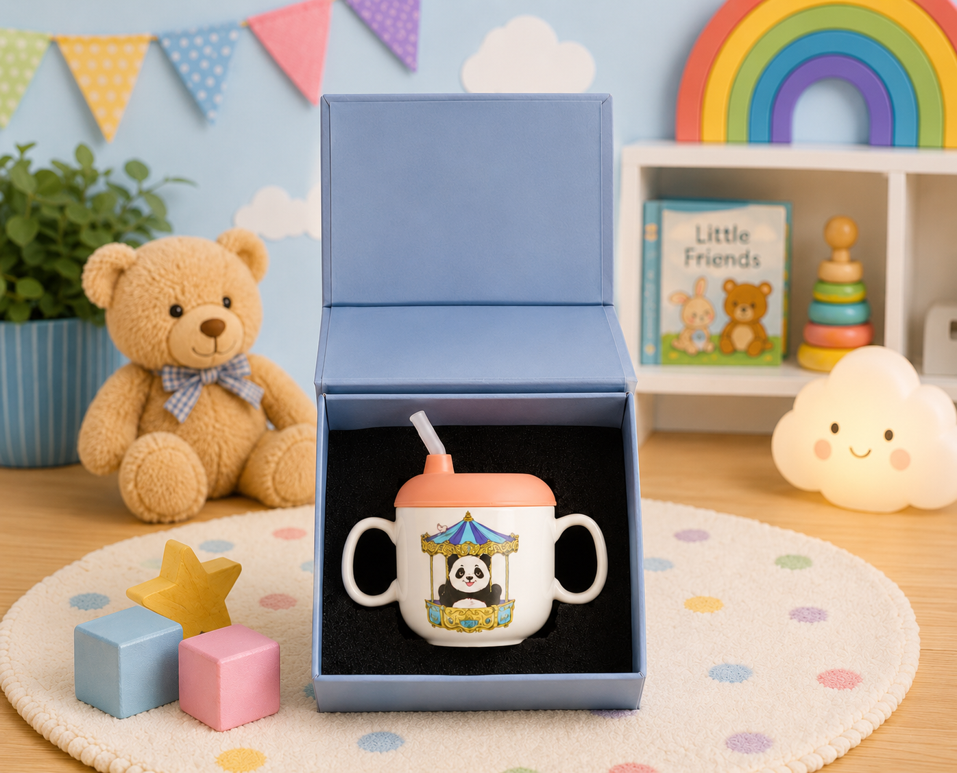 Children's Sippy cup- Panda with peach lid