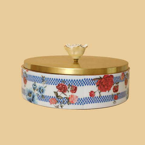 Victorian Romance Solid Wooden Roti Box With Brass Floral Metal Lid ( 9.5 X 3.25)