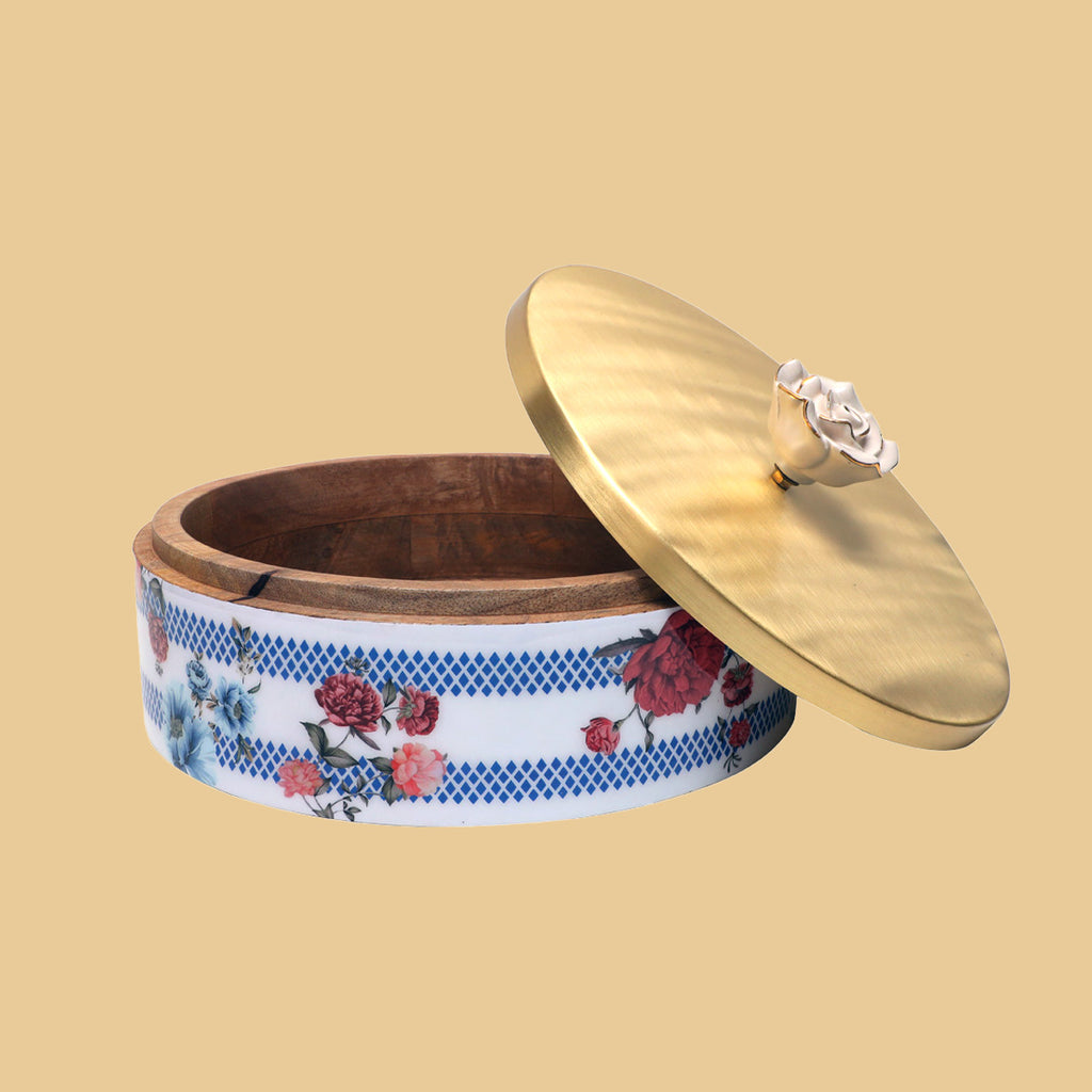 Victorian Romance Solid Wooden Roti Box With Brass Floral Metal Lid ( 9.5 X 3.25)