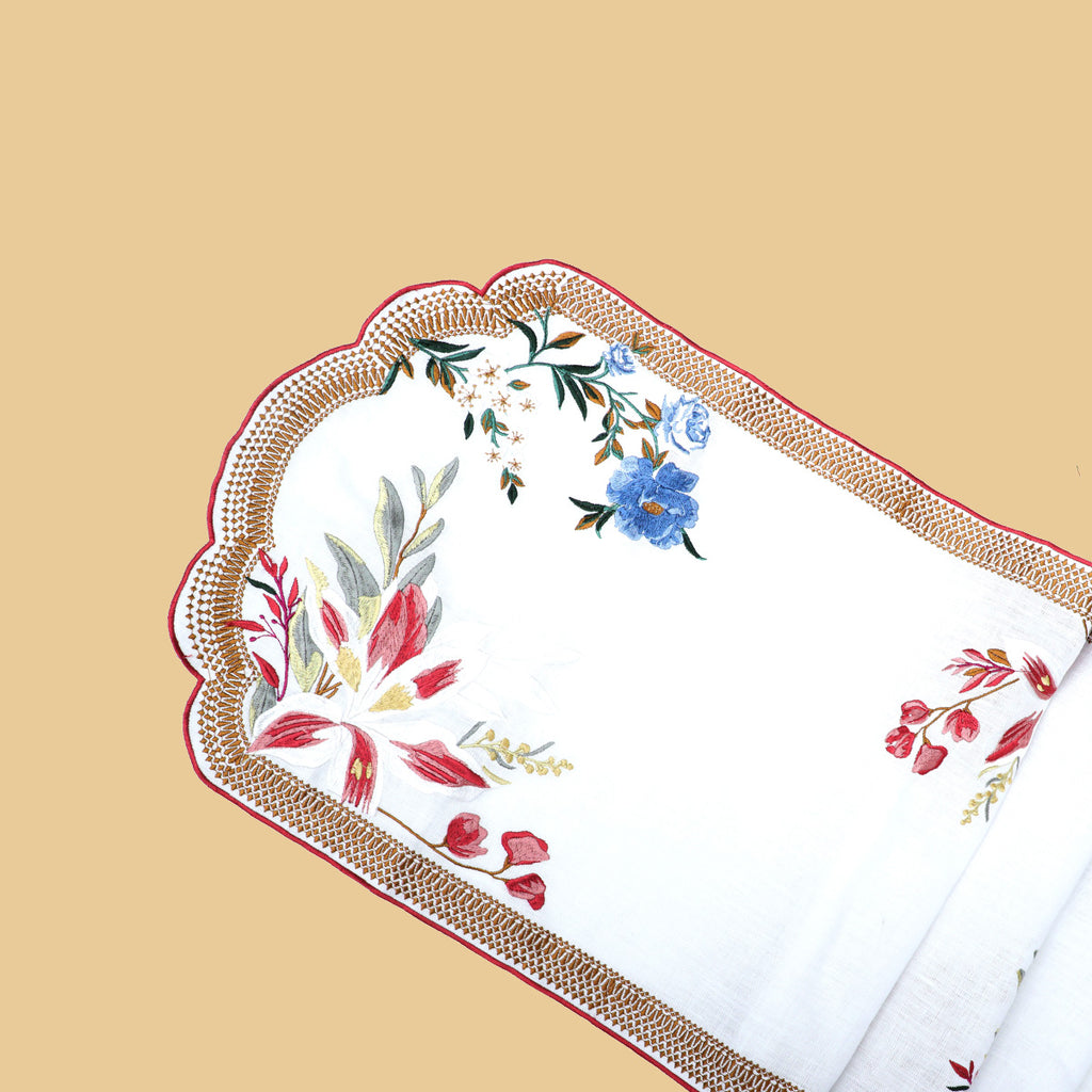 Victorian Romance Embroidered 100% Pure Linen Runner (14"x58")