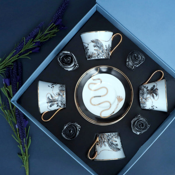 Safari Gift Set of Tea Cup Saucer with 24K Gold Printed Design and Cocktail Napkins