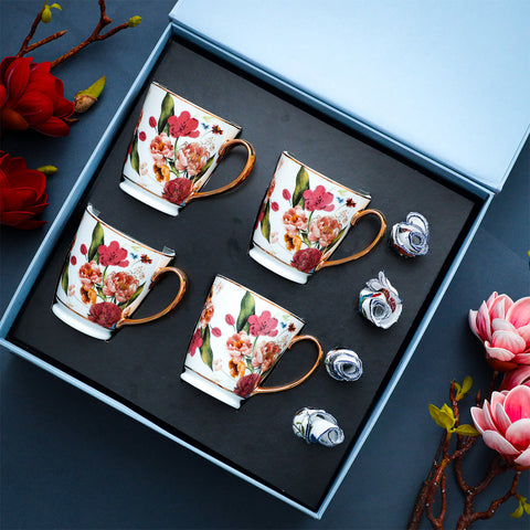 Victorian Romance Gift Set of Coffee Mug with 24K Gold Floral Printed Design and Cocktail Napkins