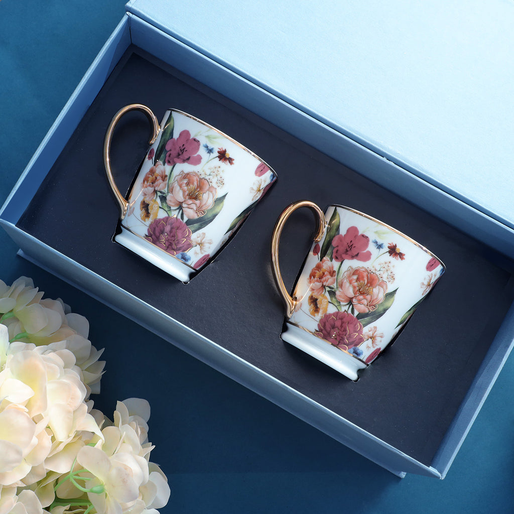 Victorian Romance Gift Set of Coffee Mug with 24K Gold Floral Printed Design