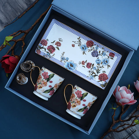 Luxurious Victorian Romance Gift Set of Coffee Mug, Embroidered Cocktail Napkins and Rectangular Platter