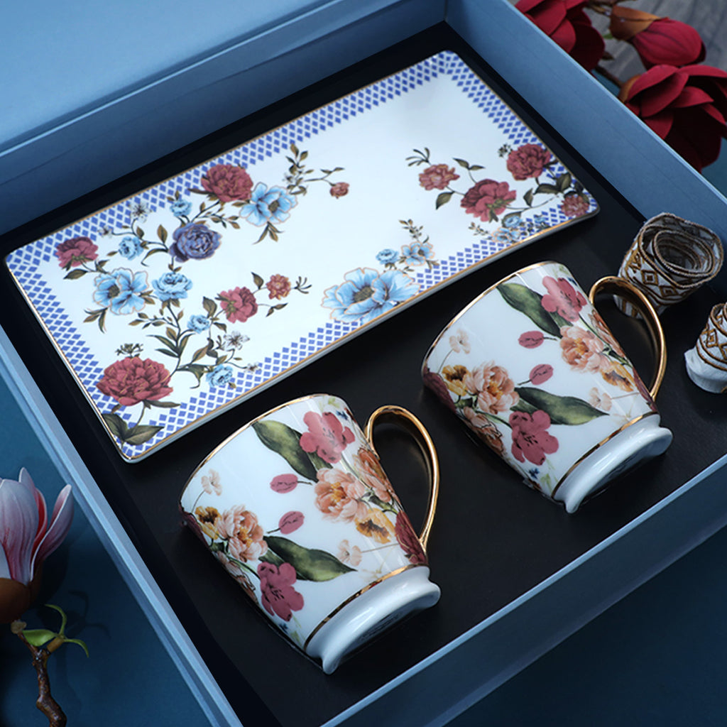 Luxurious Victorian Romance Gift Set of Coffee Mug, Embroidered Cocktail Napkins and Rectangular Platter