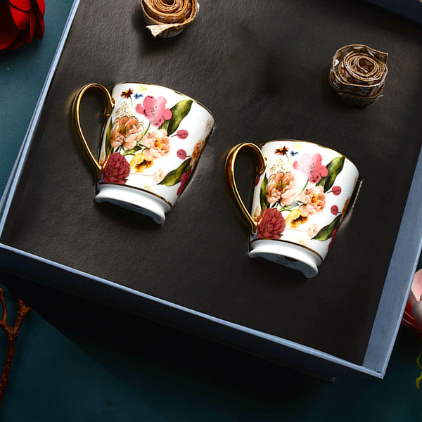 Sokka Premium Porcelain Victorian Romance Gift Set of Coffee Mug with 24K Gold Floral Printed Design and Cocktail Napkins