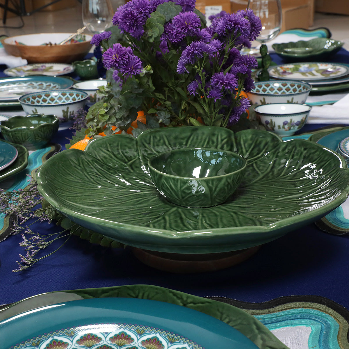 Mexican Clay Green Serving Dish with Rotating Base