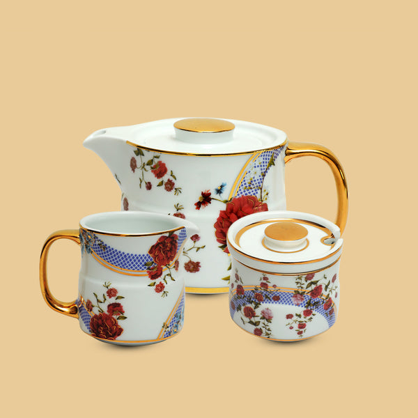 VICTORIAN ROMANCE Set of 3 - Tea Pot, Creamer, Sugar Pot