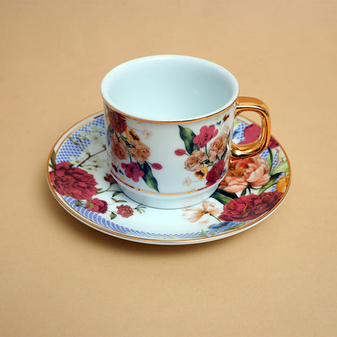 Victorian Romance Porcelain Tea Cup Saucer Set with 24K Gold Floral Printed Design (220 ml)