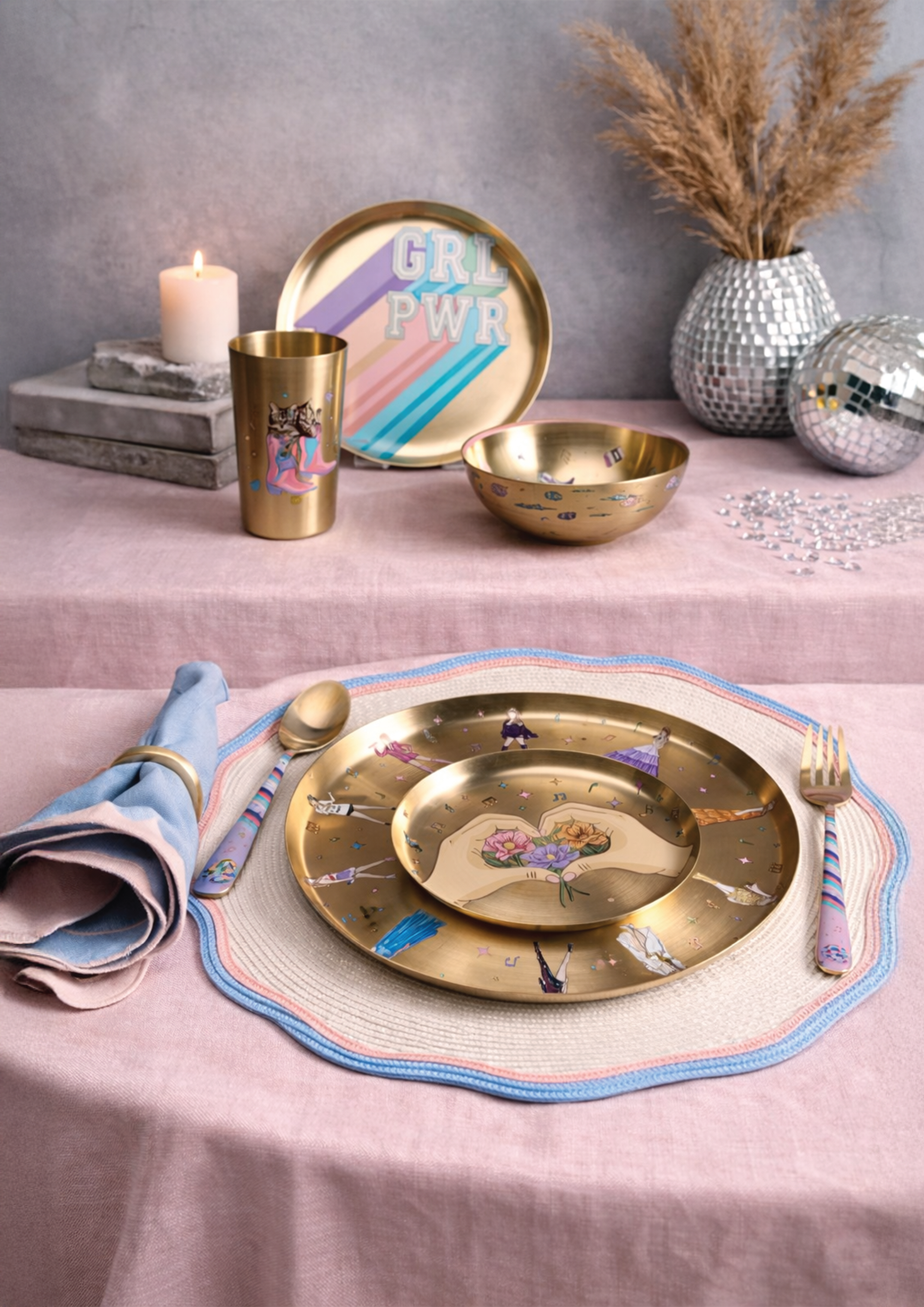 Scallop Pink Blue Placemat & Table Napkin