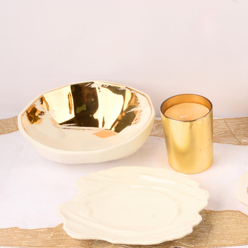 The Identity Porcelain Serving Dish with 24K Gold Molten Waves (dia 7.7” ht 3.5”)