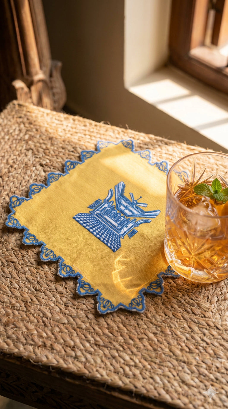 Chettinad cocktail napkin- Yellow & Teal Blue