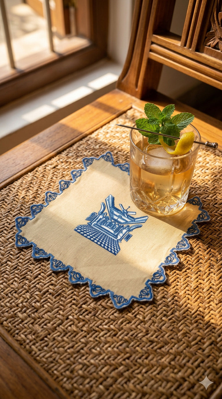 Chettinad cocktail napkin- Taupe & Teal Blue