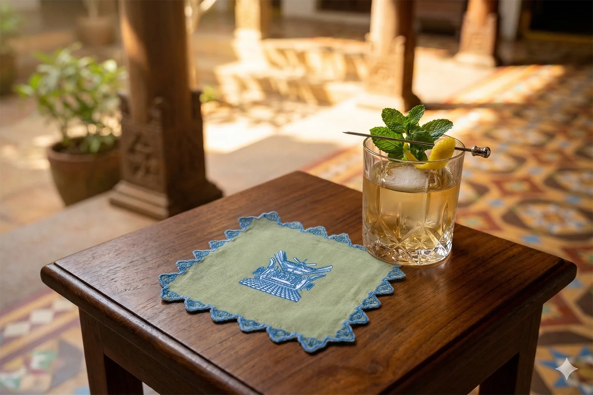 Chettinad cocktail napkin in green and teal blue - Sokka Tableware