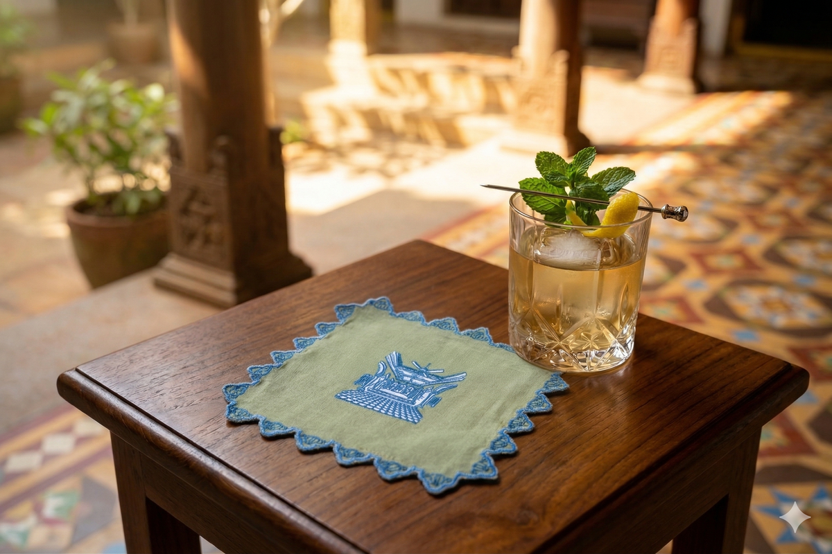 Chettinad cocktail napkin in green and teal blue - Sokka Tableware