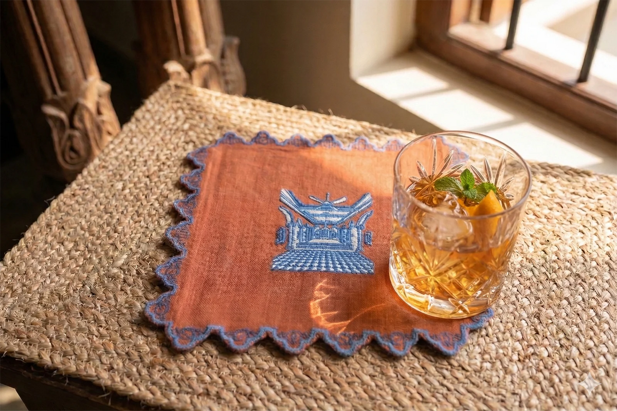 Chettinad cocktail napkin in maroon and teal blue - Sokka Tableware
