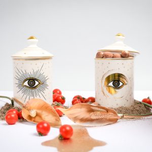 Evil-Eye Candleholder with scented candle- Set of 2 -off White